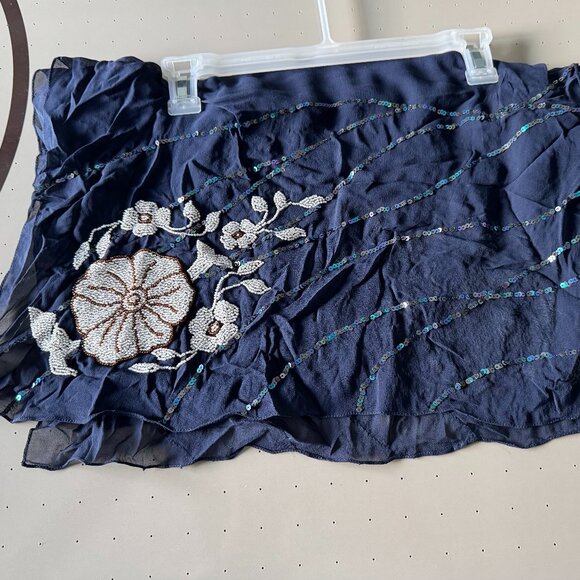 Sue Wong Scarf Shawl Navy Blue White Beaded 100 Silk Long Large Runner Chiffon 1 - Picture 1 of 16